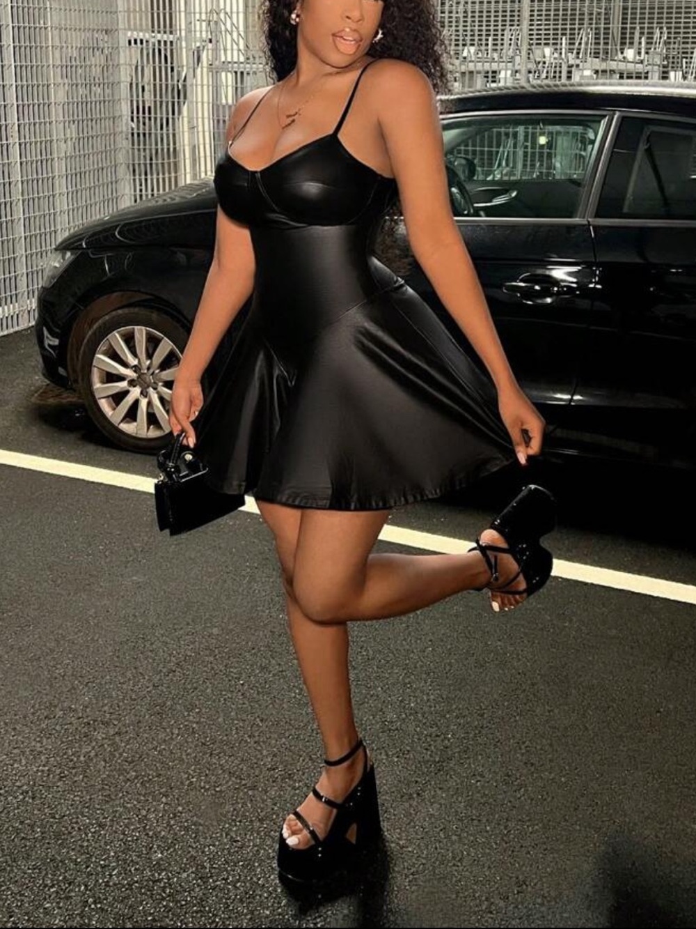 Lea & Viola Black Faux-Leather Fit & Flare Mini Dress